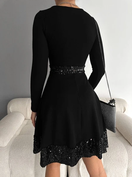 Kadın Bisiklet Yaka Beli Ve Eteği Pul Payet Detay Fırsat ürün Diz üstü Elbise - 3