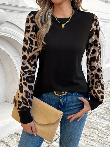 Kadın Uzun Kollu Bisiklet Yaka Kolları Desenli Viskon Bluz - 3