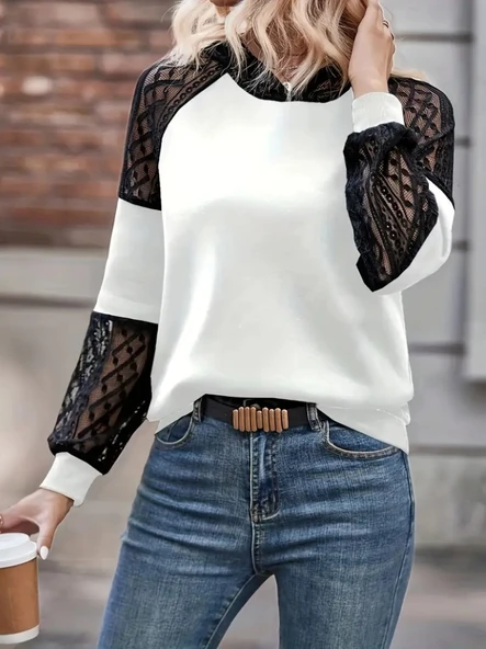 Kadın Uzun Kollu Dantelli Kapşonlu Viskon Iki Iplik Bluz - 2