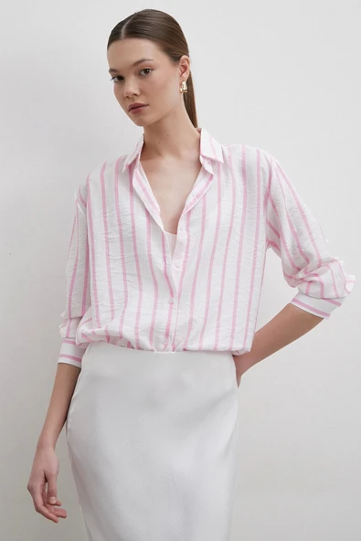V Yaka Çizgili Modal Gömlek Pembe ürün görseli
