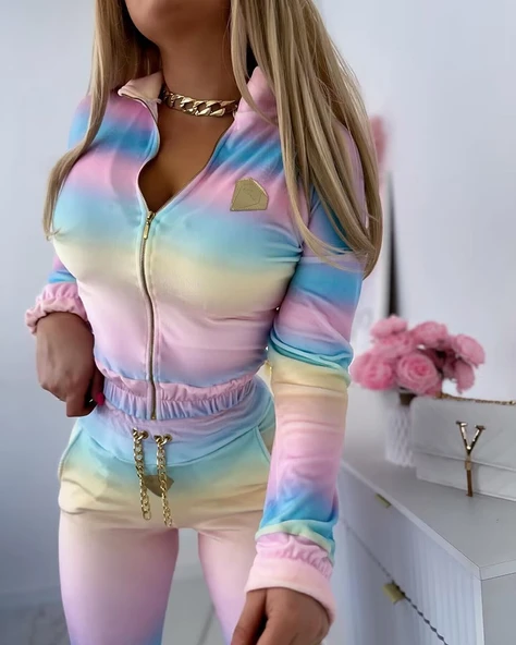 Kadın Uzun Kollu Askılı Yuvarlak Yakalı Krop Bluz, Uzun Kollu önden Fermuarlı Ceket Ve Pantolon Dalgıç üçlü Takım - 3