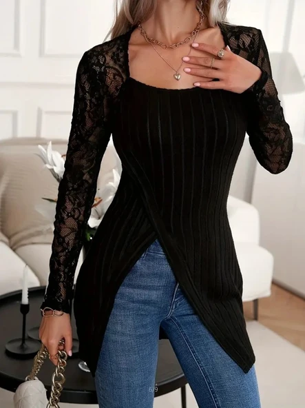 Kadın Uzun Kollu Tül Detaylı Kare Yakalı Asimetrik Kesim şardonlu Dalgıç Bluz