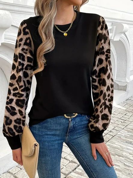 Kadın Uzun Kollu Bisiklet Yaka Kolları Desenli Viskon Bluz - 4