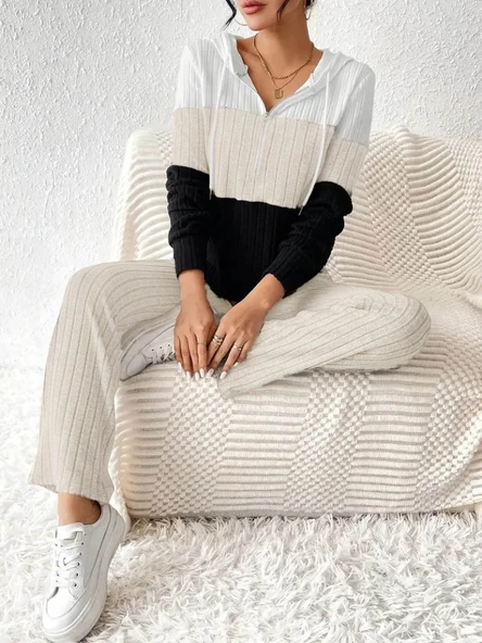 Kadın Uzun Kollu Kapşonlu Bağcıklı Blok Renkli şardonlu Kaşkorse Bluz Ve Pantolon Ikili Takım - 3