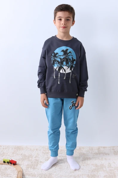 ERKEK ÇOCUK EŞOFMAN TAKIMI PALMİYE BASKILI RİBANALI 4 MEVSİM BİSİKLET YAKA F13 - Resim 8