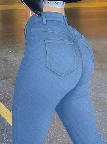 Kadın Yüksek Bel önden Düğmeli Dar Kesim Kot Pantolon - 2