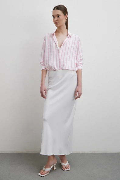 V Yaka Çizgili Modal Gömlek Pembe - Resim 2