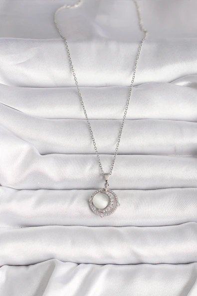 316L Çelik Gümüş Renk Zirkon Taşlı Beyaz Sedefli Hilal Model Kadın Kolye