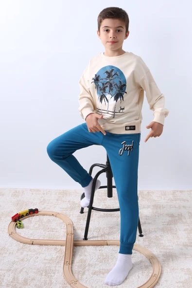 ERKEK ÇOCUK EŞOFMAN TAKIMI PALMİYE BASKILI RİBANALI 4 MEVSİM BİSİKLET YAKA F13 - Resim 3