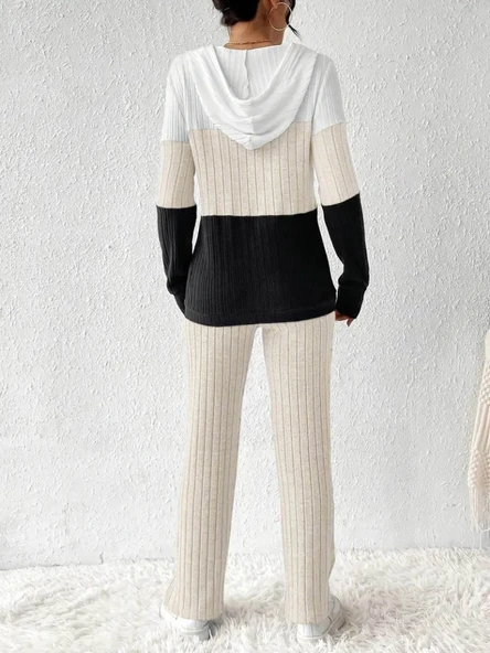 Kadın Uzun Kollu Kapşonlu Bağcıklı Blok Renkli şardonlu Kaşkorse Bluz Ve Pantolon Ikili Takım - 2