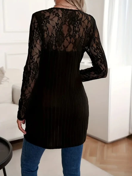 Kadın Uzun Kollu Tül Detaylı Kare Yakalı Asimetrik Kesim şardonlu Dalgıç Bluz - 3