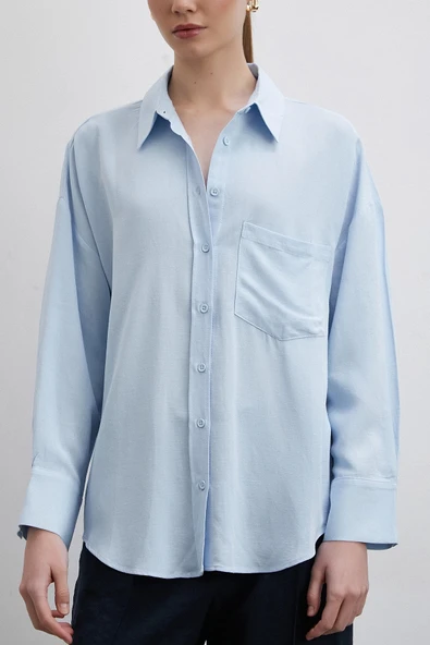 Keten Görünümlüı Linen Prunes Gömlek Mavi - Resim 5