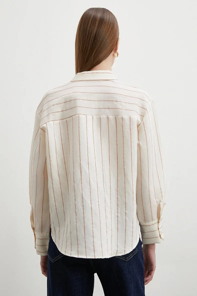 Kontrast Çizgili Modal Gömlek Kahve - Resim 6
