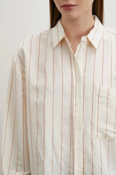 Kontrast Çizgili Modal Gömlek Kahve - Resim 5