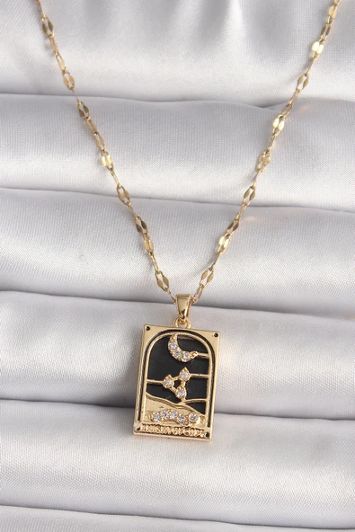 316L Çelik Gold Renk Zirkon Taşlı Ay Figürlü Tarot Model Kadın Kolye - 2