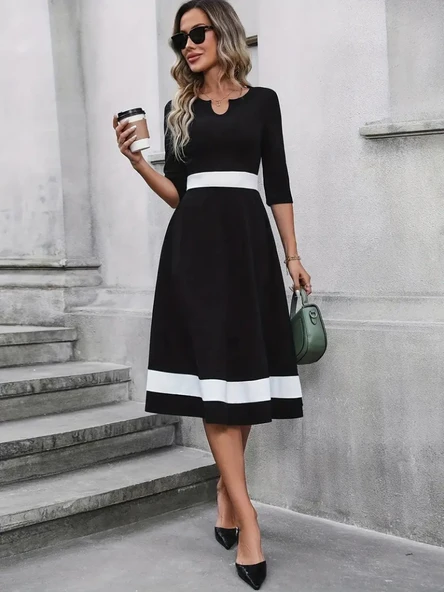Kadın Fakir Kol Yakası Açık Blok Renkli Krep Midi Elbise - 2