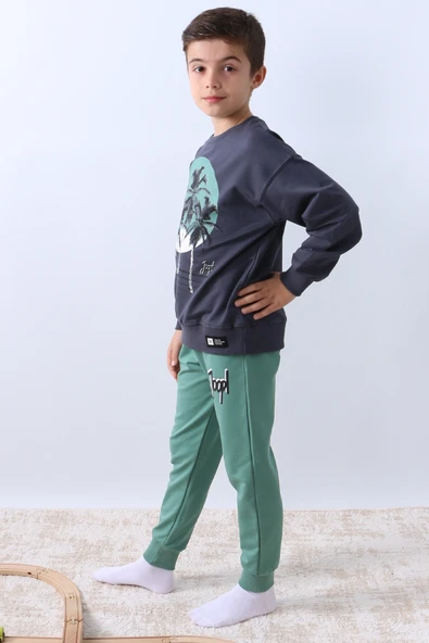 ERKEK ÇOCUK EŞOFMAN TAKIMI PALMİYE BASKILI RİBANALI 4 MEVSİM BİSİKLET YAKA F13 - Resim 12