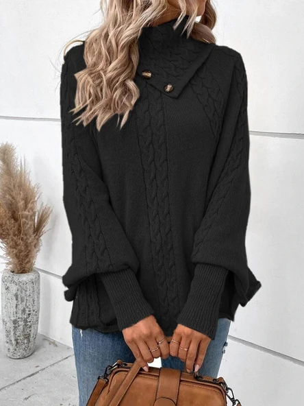 Kadın Uzun Kollu Balıkçı Yaka Düğme Detaylı Triko Panço - 3