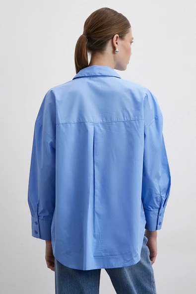 Oversize Pamuklu Gömlek Mavi - Resim 6