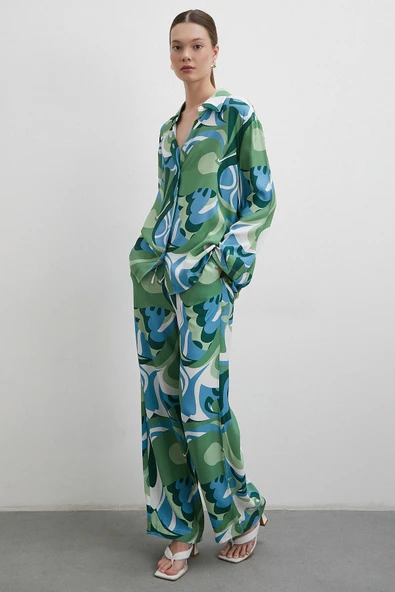 Desenli Viskon Gömlek Yeşil - Resim 3