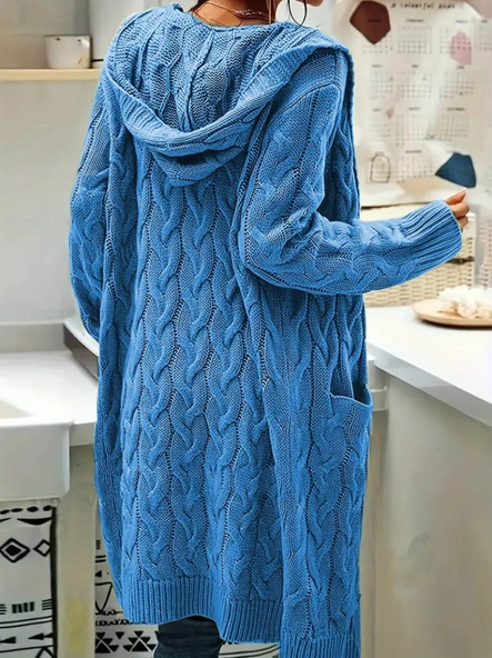 Kadın Uzun Kollu Kapşonlu önü Açık Cepli Midi Hırka - 2