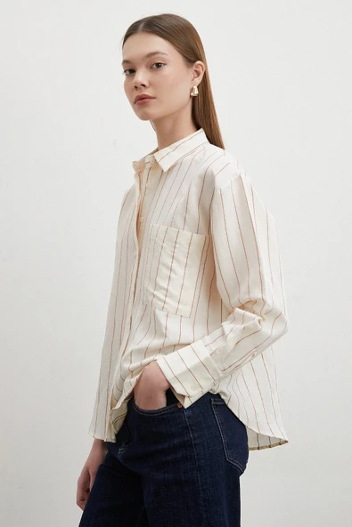 Kontrast Çizgili Modal Gömlek Kahve - Resim 4