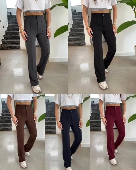 Kadın Yüksek Bel Full Likralı Krep Kumaş Pantolon - 5