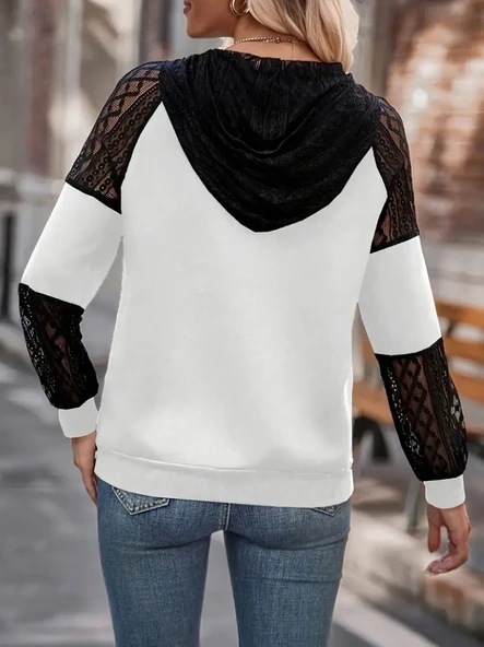 Kadın Uzun Kollu Dantelli Kapşonlu Viskon Iki Iplik Bluz - 3