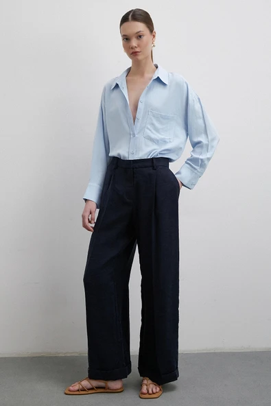 Keten Görünümlüı Linen Prunes Gömlek Mavi - Resim 2