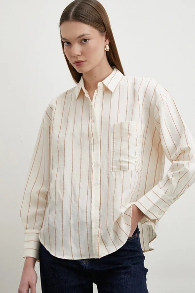 Kontrast Çizgili Modal Gömlek Kahve - Resim 2