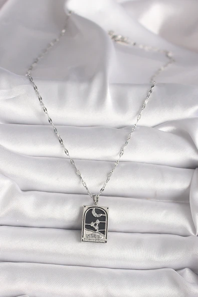 316L Çelik Gümüş Renk Zirkon Taşlı Ay Figürlü Taror Model Kadın Kolye - 2