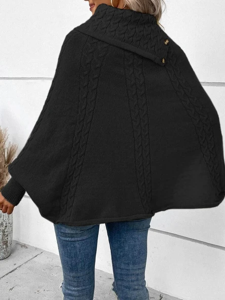 Kadın Uzun Kollu Balıkçı Yaka Düğme Detaylı Triko Panço - 2