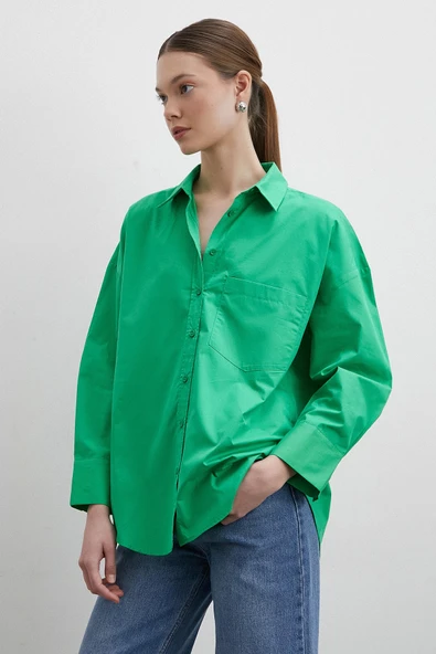 Oversize Pamuklu Gömlek Yeşil - 3