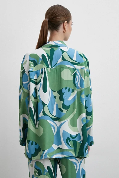 Desenli Viskon Gömlek Yeşil - Resim 6