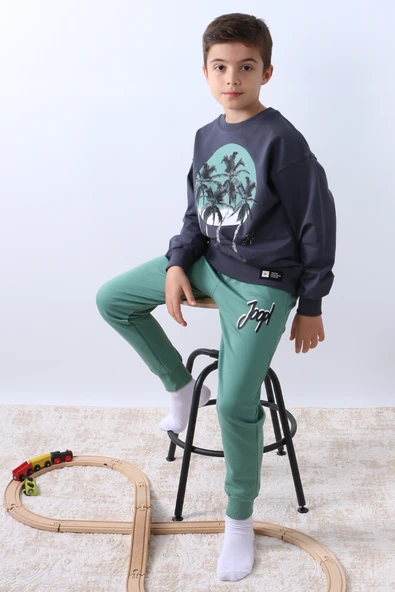 ERKEK ÇOCUK EŞOFMAN TAKIMI PALMİYE BASKILI RİBANALI 4 MEVSİM BİSİKLET YAKA F13 - Resim 11