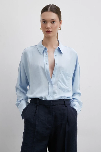 Keten Görünümlüı Linen Prunes Gömlek Mavi - Resim 3