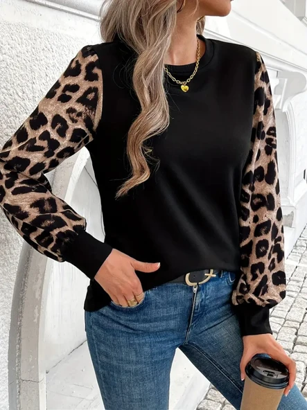 Kadın Uzun Kollu Bisiklet Yaka Kolları Desenli Viskon Bluz