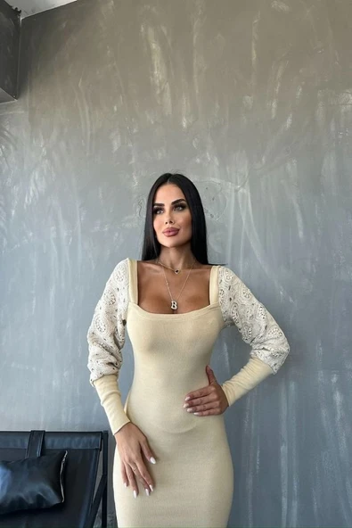 Kadın Kare Yaka Kolları Manşet Ve Tül Detay Fırsat ürün Midi Boy Elbise - 4