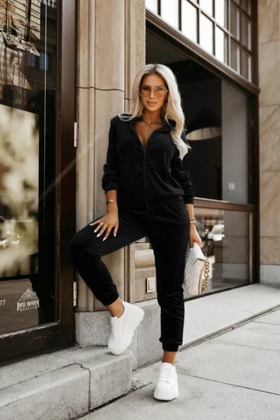 Kadın Uzun Kollu önden Cepli Fermuarlı Kadife Bluz Ve Pantolon Ikili Takım - 2