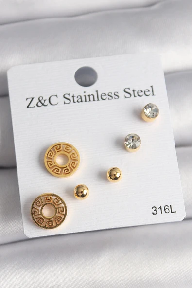 316L Çelik Gold Renk Zirkon Taşı Labirent Model Kadın Küpe Seti ürün görseli 1