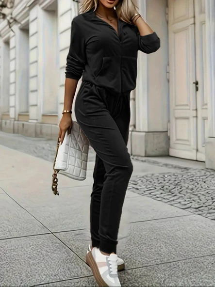 Kadın Uzun Kollu önden Cepli Fermuarlı Kadife Bluz Ve Pantolon Ikili Takım - 3