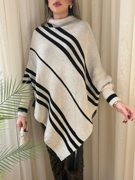 Kadın Uzun Yarasa Kollu Yüksek Boyunlu Asimetrik Kesim Triko Pelerin Kazak - Resim 2