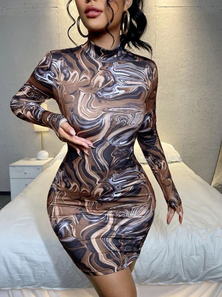 Kadın Uzun Kollu Balıkçı Yaka Desenli Dalgıç Elbise - 2