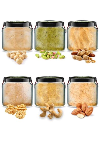 6 Çeşit Saf Ezme Antep Fıstığı Fındık Fıstık Kaju Ceviz Badem Ezmesi Bi Kavanoz 330 cc. Cam Kavanoz - Resim 4