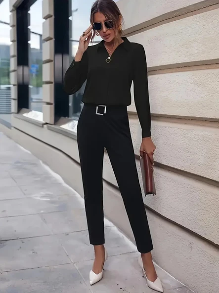 Kadın Uzun Kollu Yakalı Trikoton Gömlek - 3