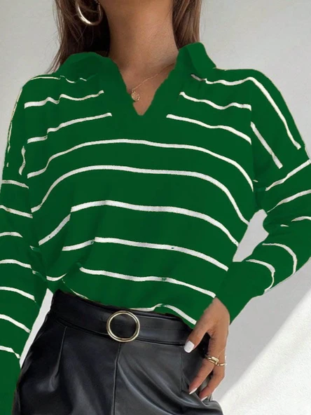 Kadın Uzun Kollu V Yaka çizgili Triko Bluz - 2