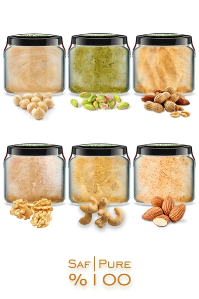 6 Çeşit Saf Ezme Antep Fıstığı Fındık Fıstık Kaju Ceviz Badem Ezmesi Bi Kavanoz 330 cc. Cam Kavanoz ürün görseli