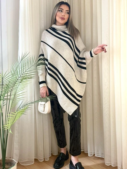 Kadın Uzun Yarasa Kollu Yüksek Boyunlu Asimetrik Kesim Triko Pelerin Kazak - Resim 5