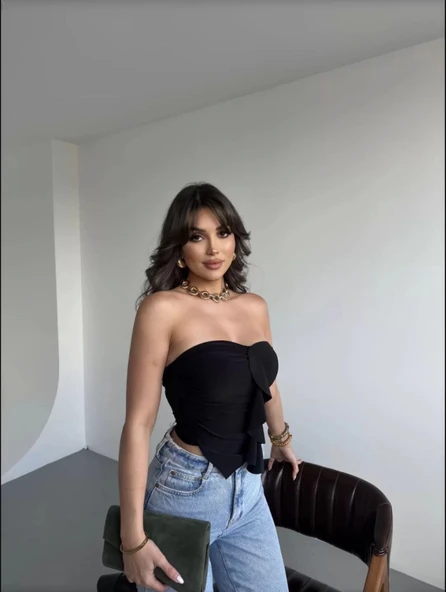 Sandy Asimetrik Büzgülü Straplez Bluz - Siyah - 2