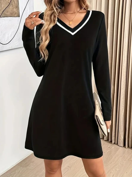 Kadın Uzun Kollu V şerit Yakalı Kısa Viskon Iki Iplik Elbise - 4